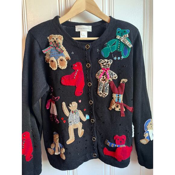 Susan Bristol Appliqué Holiday Cardigan Sz L 3D Plush Bears Sequins - Picture 4 of 9